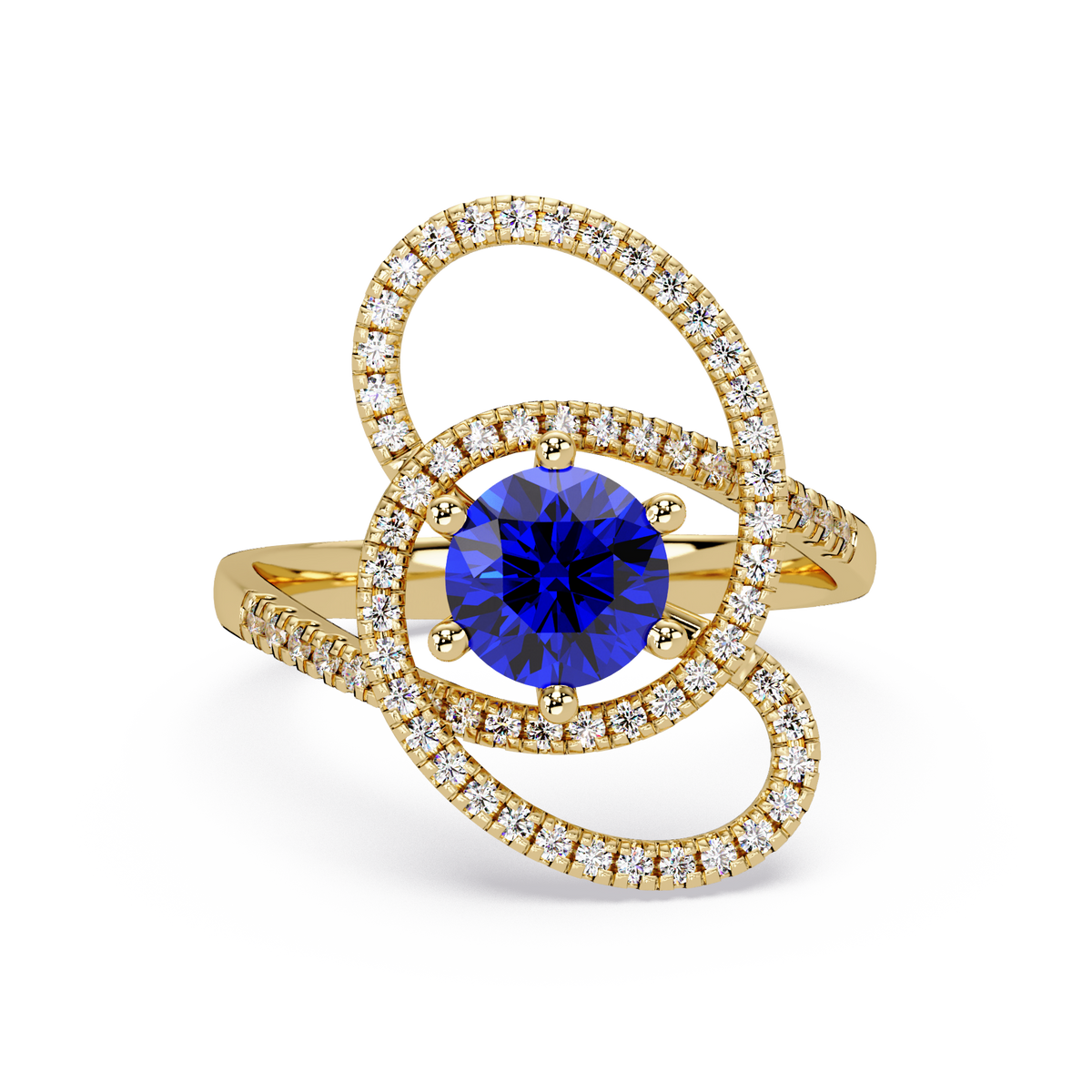 1.1 CTW Round Swirl Pavé Halo Colorstone Ring with Sapphire Blue center in 14K Yellow Gold – Lunéa Paris