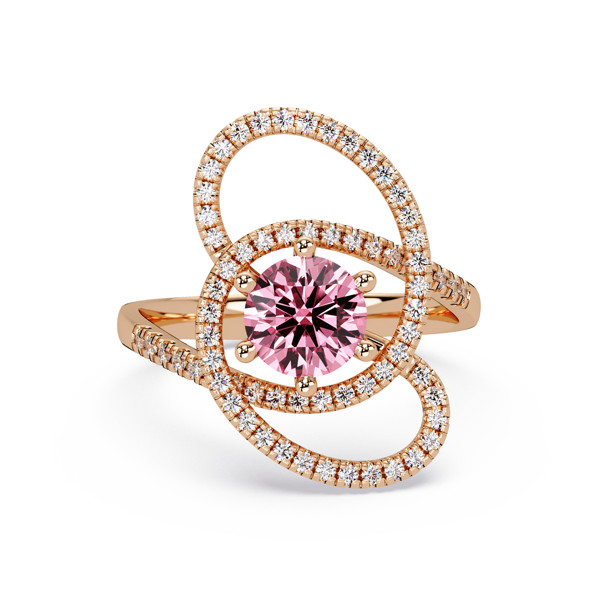 1.1 CTW Round Swirl Pavé Halo Colorstone Ring with Tourmaline Pink center in 14K Rose Gold – Lunéa Paris
