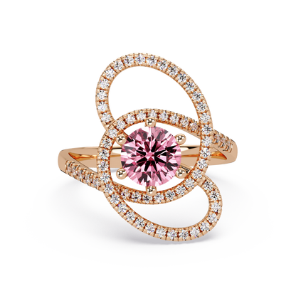 1.1 CTW Round Swirl Pavé Halo Colorstone Ring with Tourmaline Pink center in 14K Rose Gold – Lunéa Paris