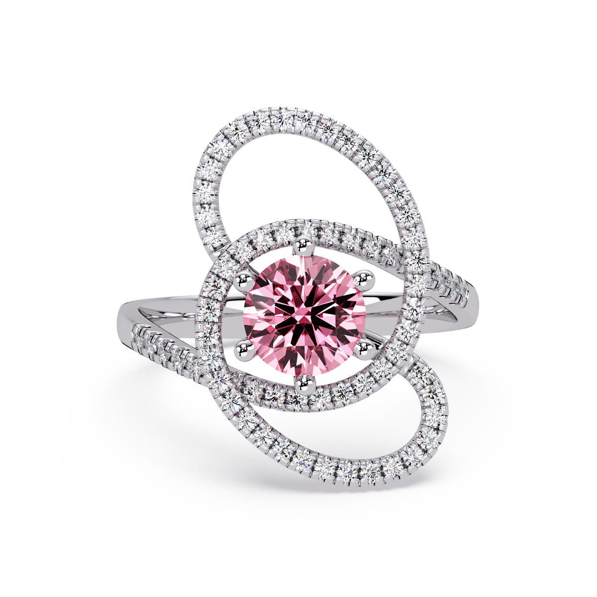 1.1 CTW Round Swirl Pavé Halo Colorstone Ring with Tourmaline Pink center in 14K White Gold – Lunéa Paris
