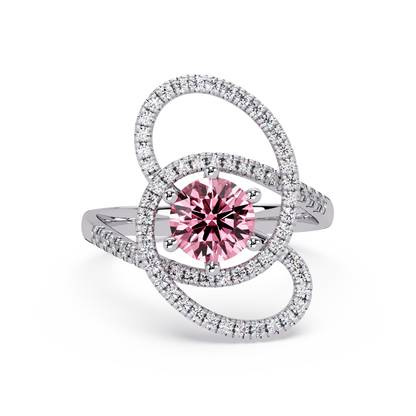 1.1 CTW Round Swirl Pavé Halo Colorstone Ring with Tourmaline Pink center in 14K White Gold – Lunéa Paris