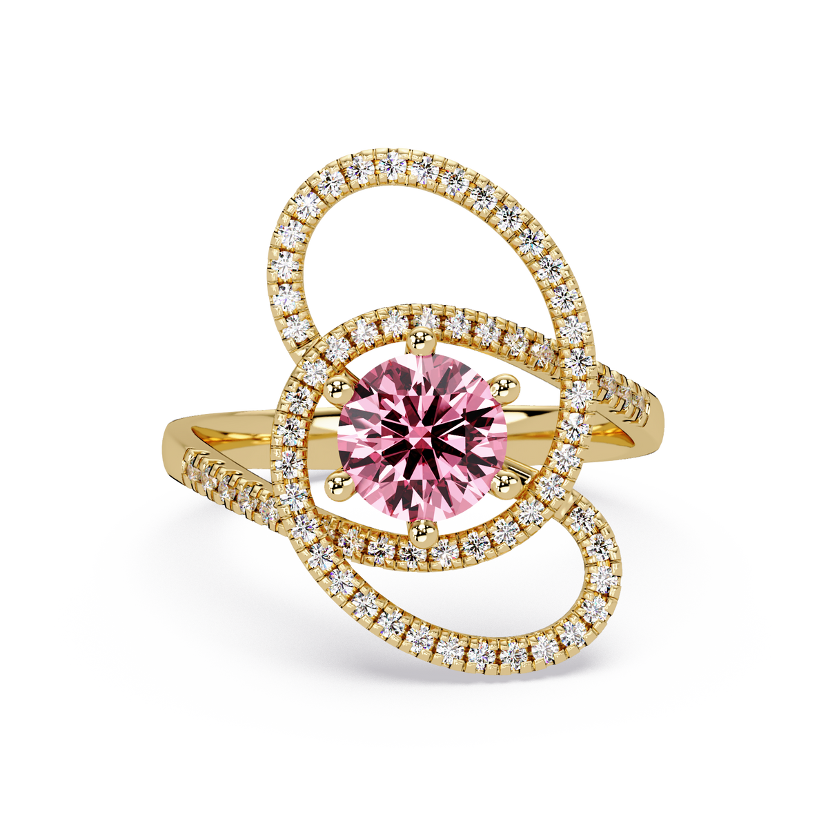 1.1 CTW Round Swirl Pavé Halo Colorstone Ring with Tourmaline Pink center in 14K Yellow Gold – Lunéa Paris