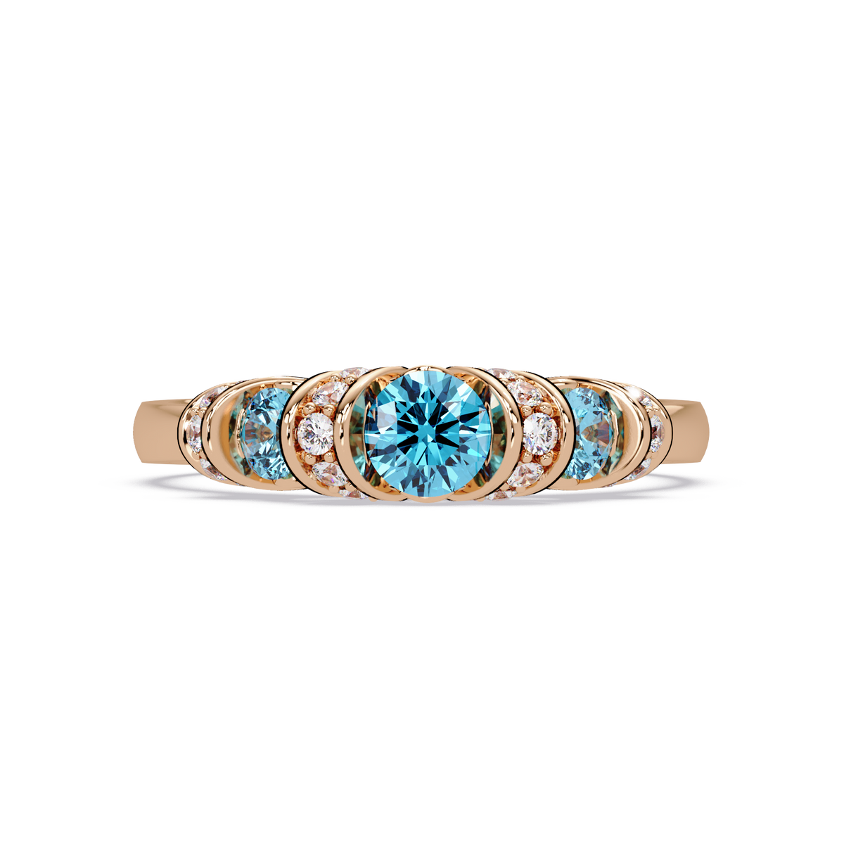 0.5 CTW Round Three-Stone Pavé Colorstone Ring with Aquamarine Blue stones in 14K Rose Gold – Lunéa Paris