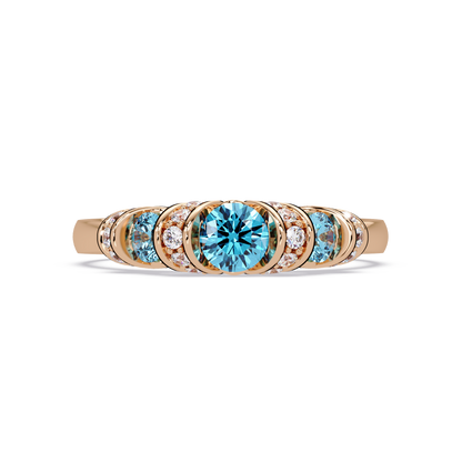 0.5 CTW Round Three-Stone Pavé Colorstone Ring with Aquamarine Blue stones in 14K Rose Gold – Lunéa Paris