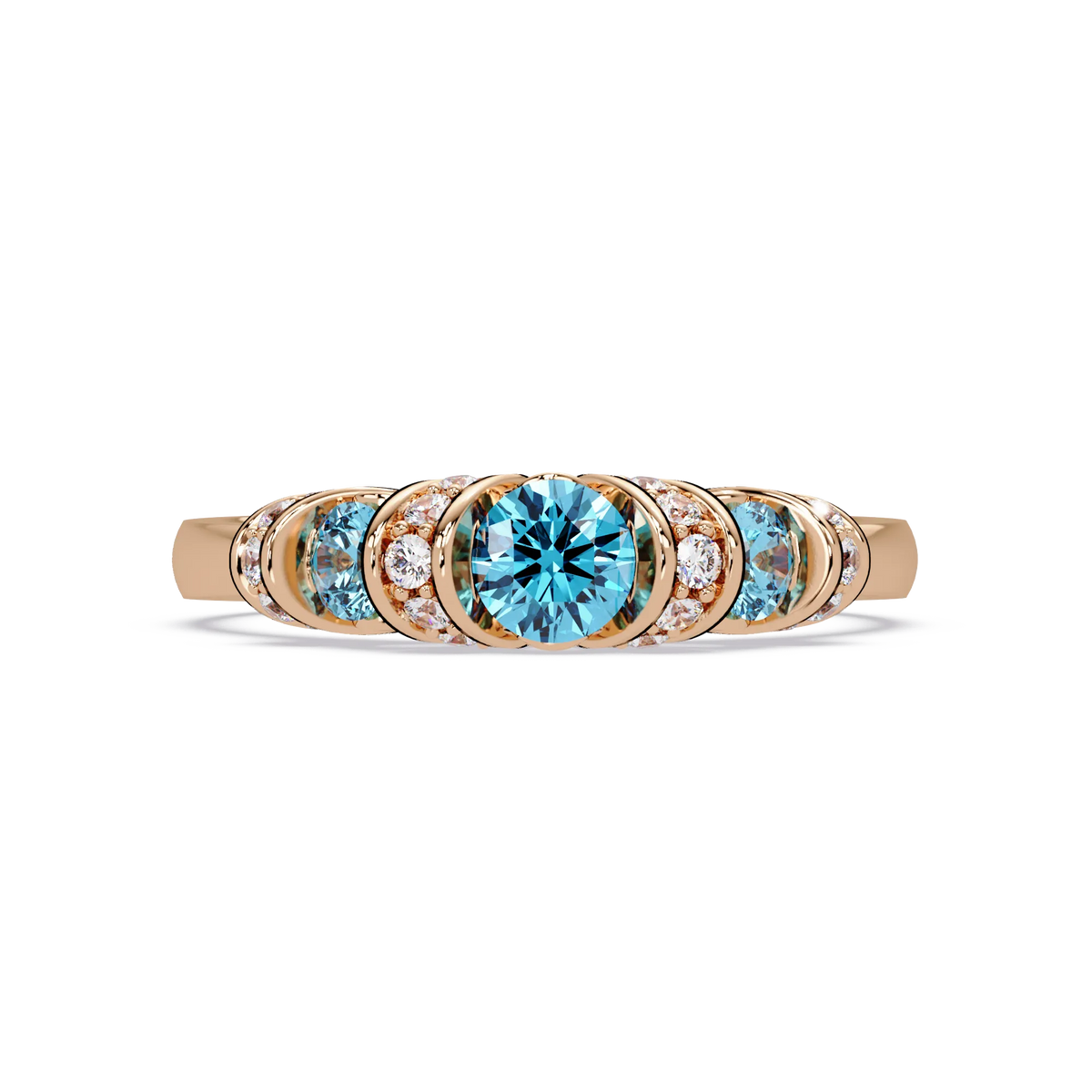 0.5 CTW Round Three-Stone Pavé Colorstone Ring with Aquamarine Blue stones in 14K Rose Gold – Lunéa Paris