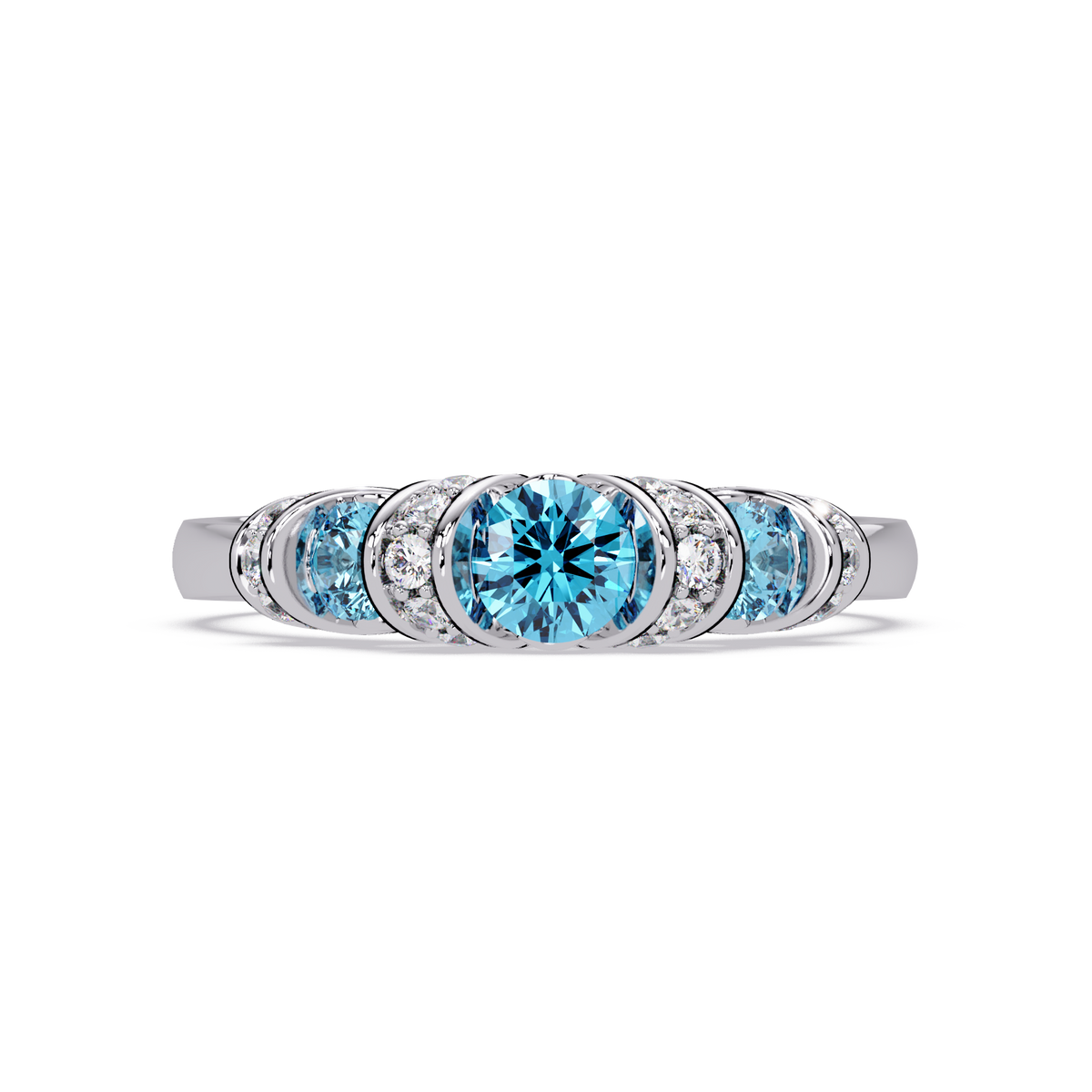 0.5 CTW Round Three-Stone Pavé Colorstone Ring with Aquamarine Blue stones in 14K White Gold – Lunéa Paris