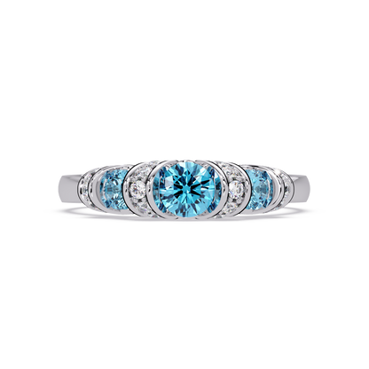 0.5 CTW Round Three-Stone Pavé Colorstone Ring with Aquamarine Blue stones in 14K White Gold – Lunéa Paris