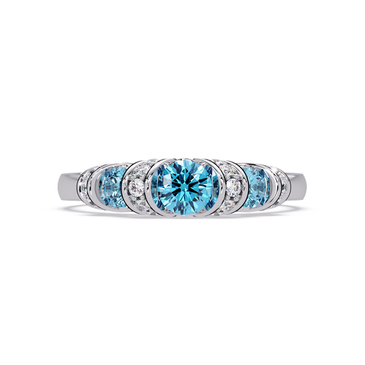 0.5 CTW Round Three-Stone Pavé Colorstone Ring with Aquamarine Blue stones in 14K White Gold – Lunéa Paris