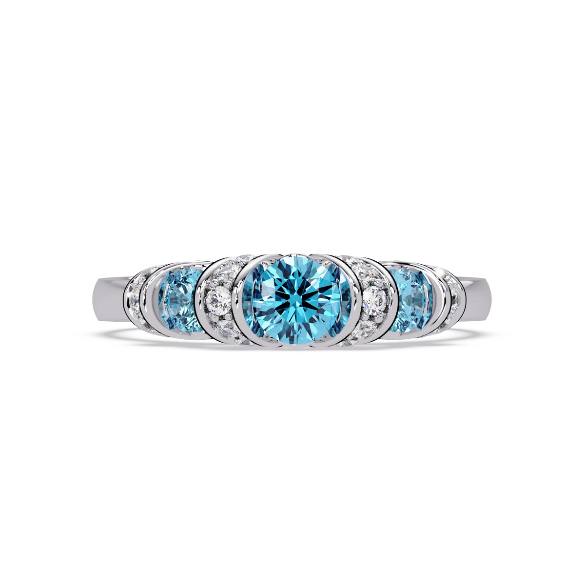0.5 CTW Round Three-Stone Pavé Colorstone Ring with Aquamarine Blue stones in 14K White Gold – Lunéa Paris