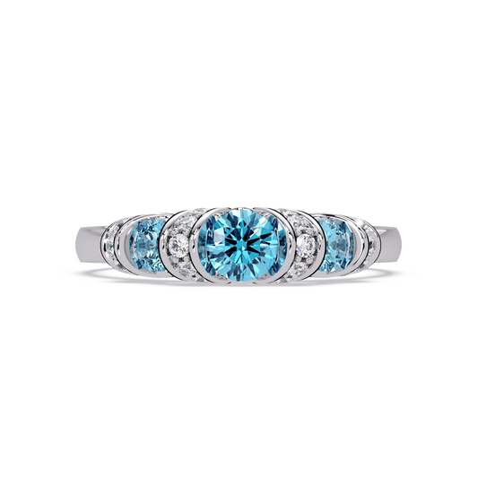 0.5 CTW Round Three-Stone Pavé Colorstone Ring with Aquamarine Blue stones in 14K White Gold – Lunéa Paris