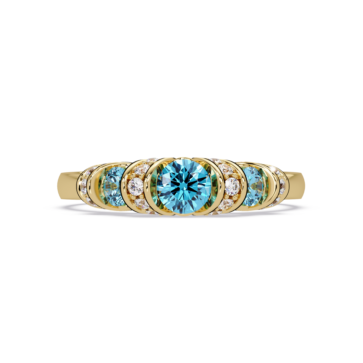 0.5 CTW Round Three-Stone Pavé Colorstone Ring with Aquamarine Blue stones in 14K Yellow Gold – Lunéa Paris