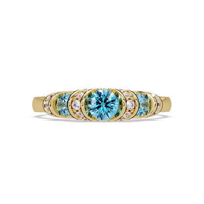 0.5 CTW Round Three-Stone Pavé Colorstone Ring with Aquamarine Blue stones in 14K Yellow Gold – Lunéa Paris
