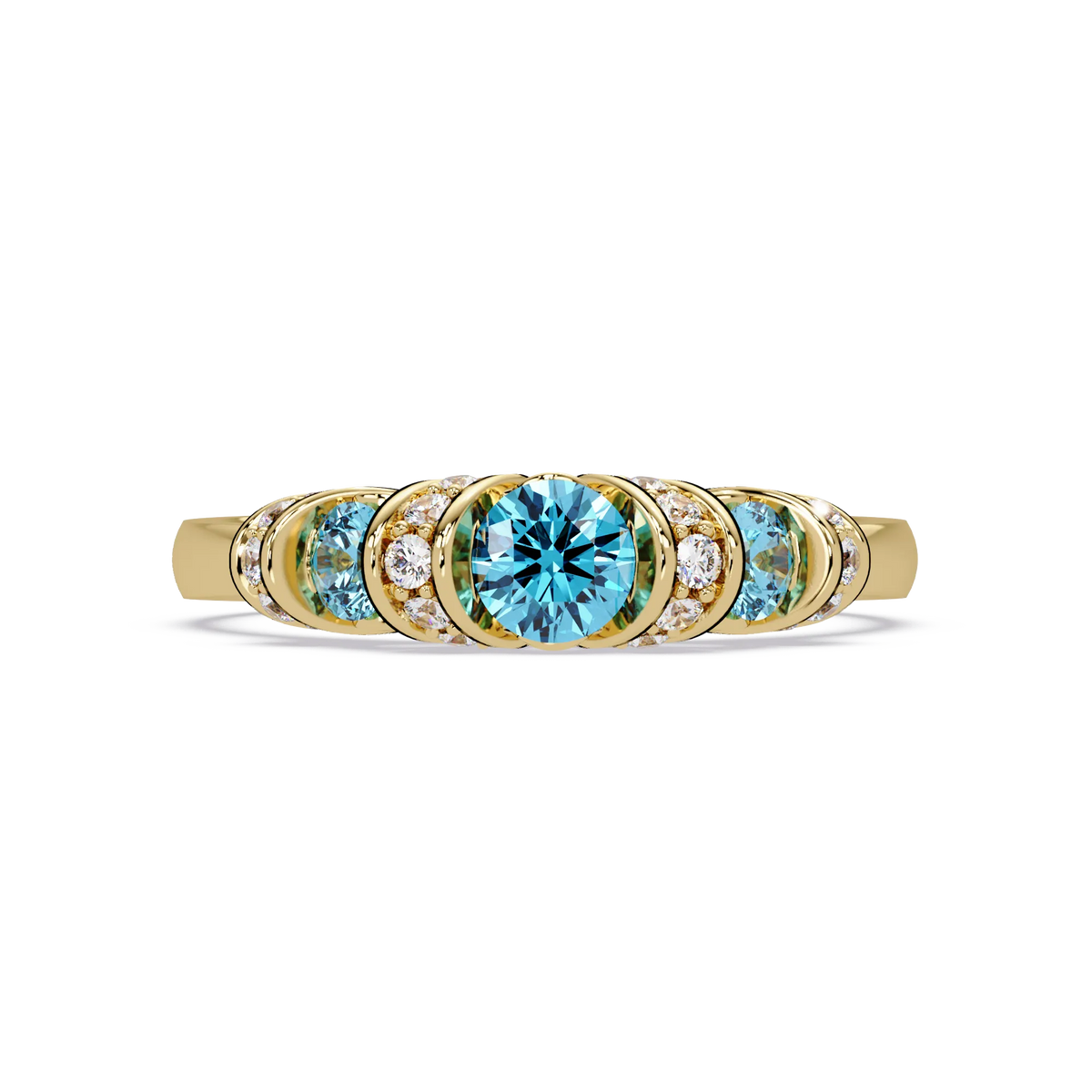 0.5 CTW Round Three-Stone Pavé Colorstone Ring with Aquamarine Blue stones in 14K Yellow Gold – Lunéa Paris