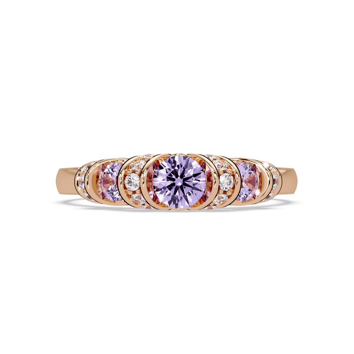0.5 CTW Round Three-Stone Pavé Colorstone Ring with Amethyst Purple stones in 14K Rose Gold – Lunéa Paris