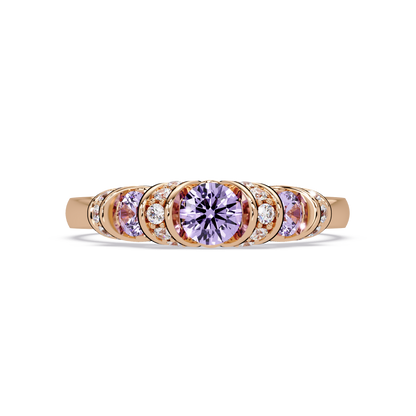 0.5 CTW Round Three-Stone Pavé Colorstone Ring with Amethyst Purple stones in 14K Rose Gold – Lunéa Paris