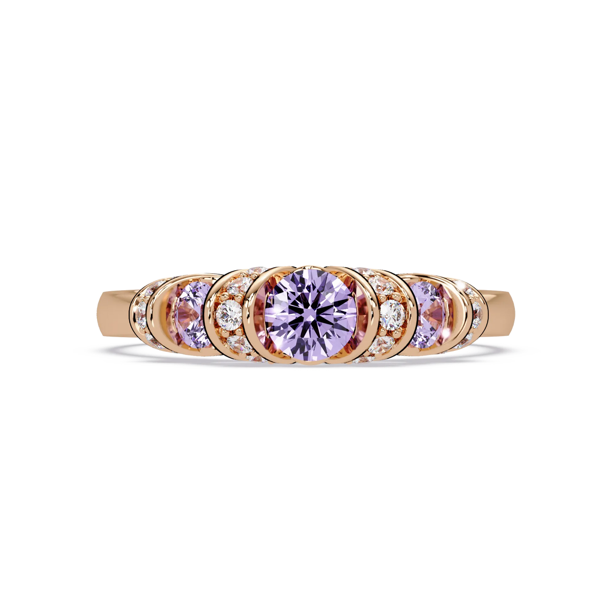 0.5 CTW Round Three-Stone Pavé Colorstone Ring with Amethyst Purple stones in 14K Rose Gold – Lunéa Paris
