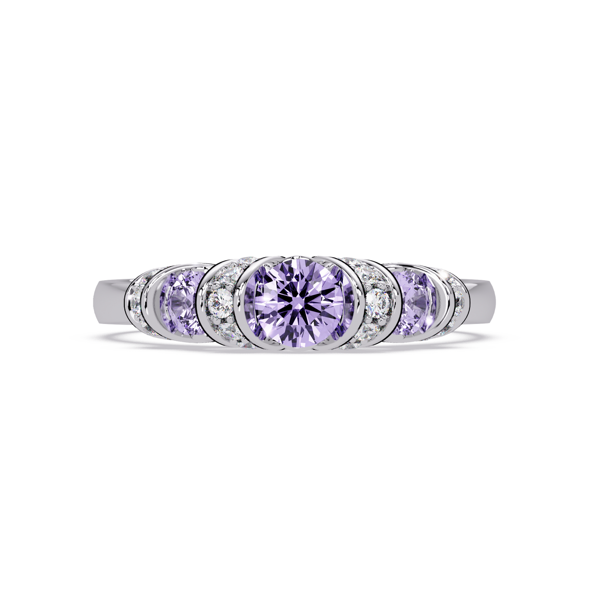 0.5 CTW Round Three-Stone Pavé Colorstone Ring with Amethyst Purple stones in 14K White Gold – Lunéa Paris