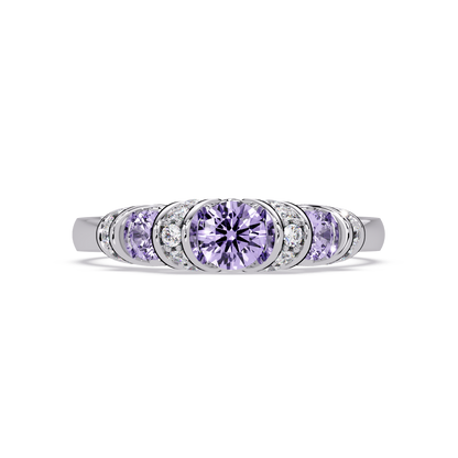 0.5 CTW Round Three-Stone Pavé Colorstone Ring with Amethyst Purple stones in 14K White Gold – Lunéa Paris