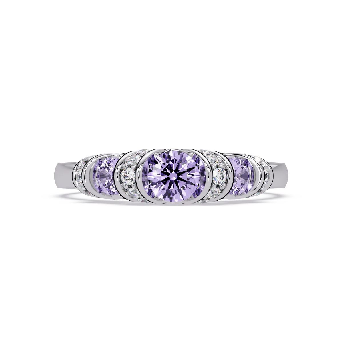 0.5 CTW Round Three-Stone Pavé Colorstone Ring with Amethyst Purple stones in 14K White Gold – Lunéa Paris