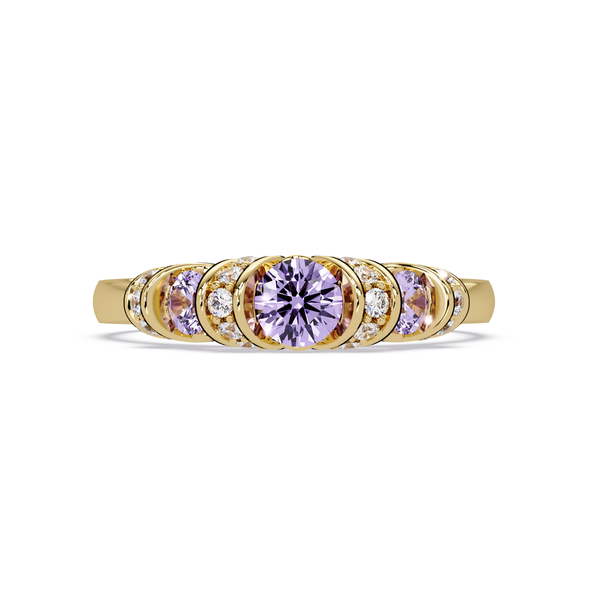0.5 CTW Round Three-Stone Pavé Colorstone Ring with Amethyst Purple stones in 14K Yellow Gold – Lunéa Paris