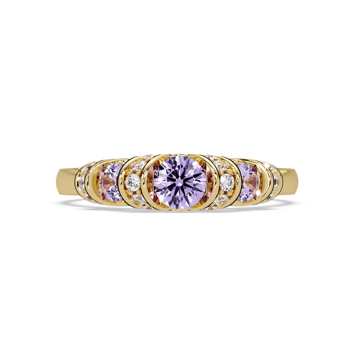 0.5 CTW Round Three-Stone Pavé Colorstone Ring with Amethyst Purple stones in 14K Yellow Gold – Lunéa Paris