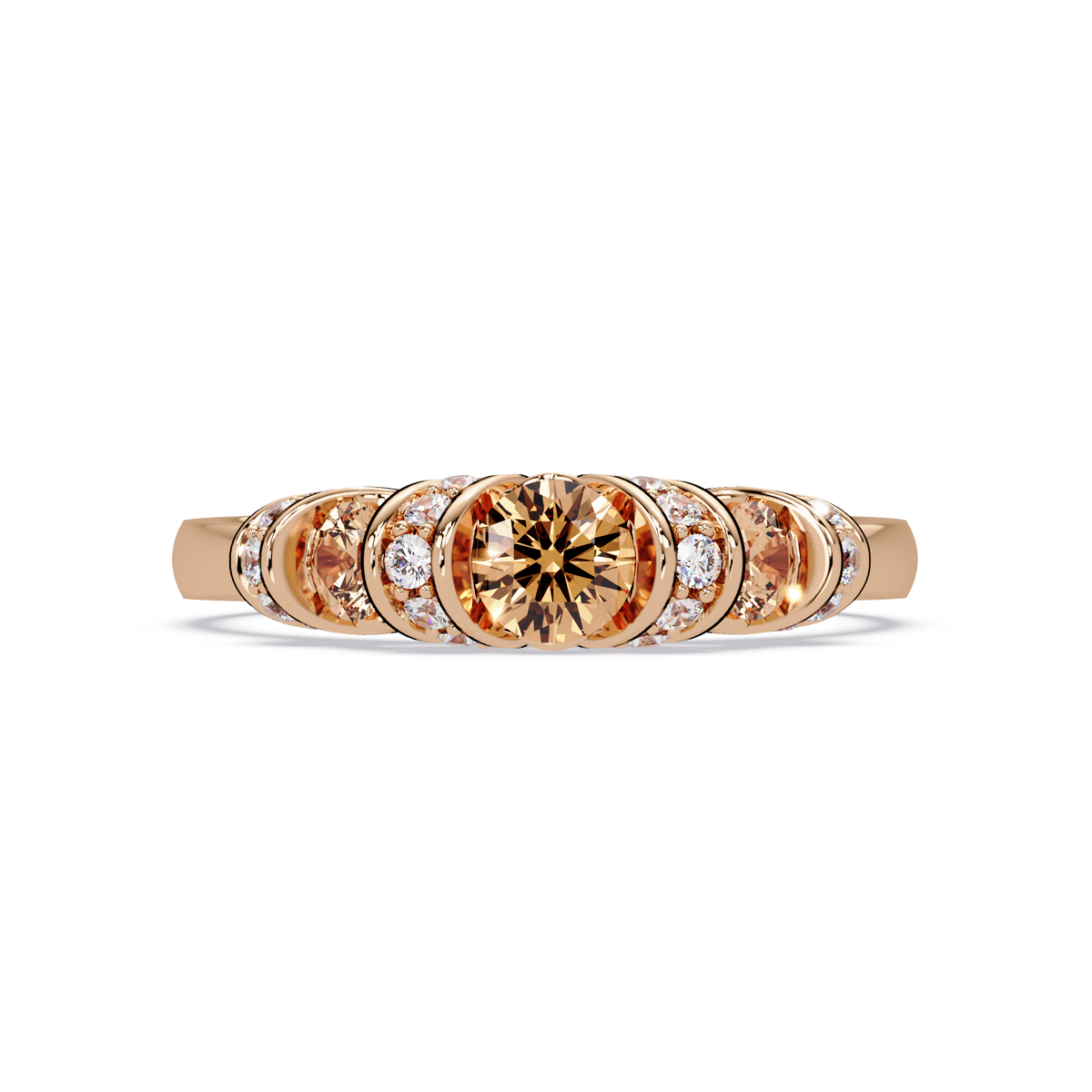 0.5 CTW Round Three-Stone Pavé Colorstone Ring with Champagne Topaz stones in 14K Rose Gold – Lunéa Paris