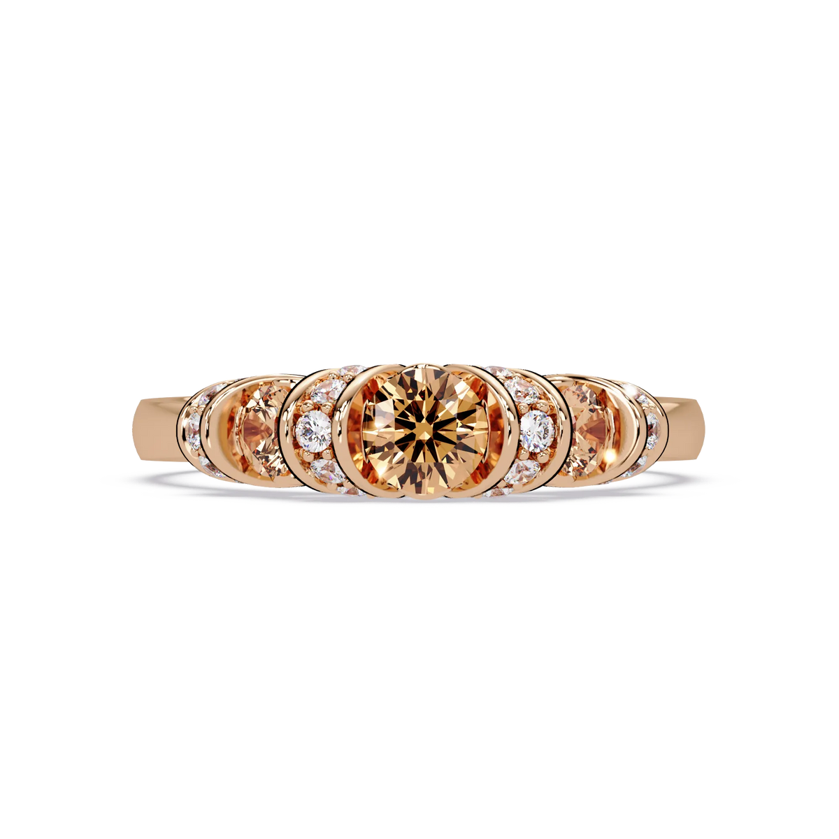 0.5 CTW Round Three-Stone Pavé Colorstone Ring with Champagne Topaz stones in 14K Rose Gold – Lunéa Paris