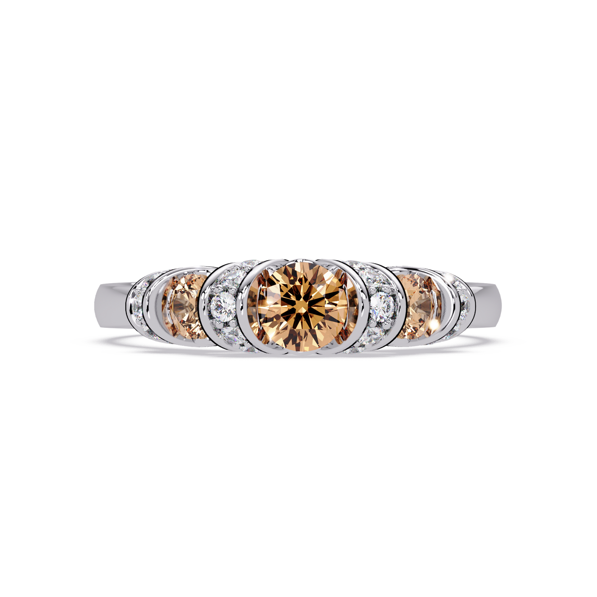 0.5 CTW Round Three-Stone Pavé Colorstone Ring with Champagne Topaz stones in 14K White Gold – Lunéa Paris