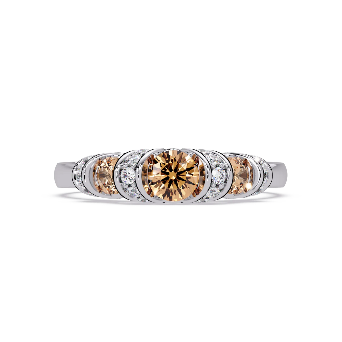 0.5 CTW Round Three-Stone Pavé Colorstone Ring with Champagne Topaz stones in 14K White Gold – Lunéa Paris