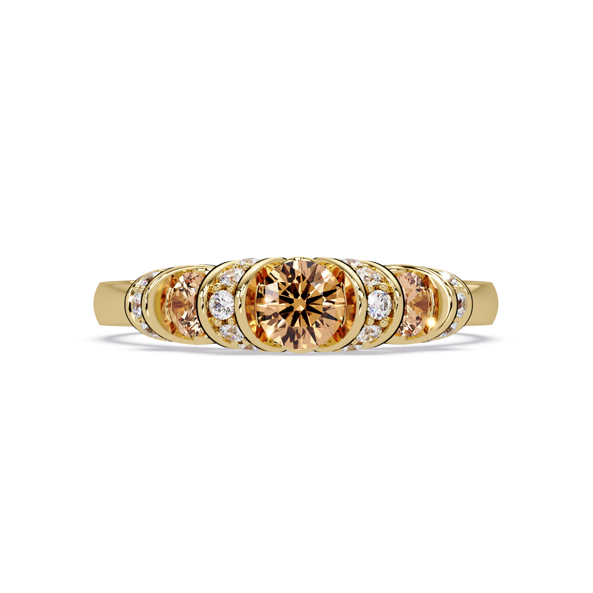 0.5 CTW Round Three-Stone Pavé Colorstone Ring with Champagne Topaz stones in 14K Yellow Gold – Lunéa Paris