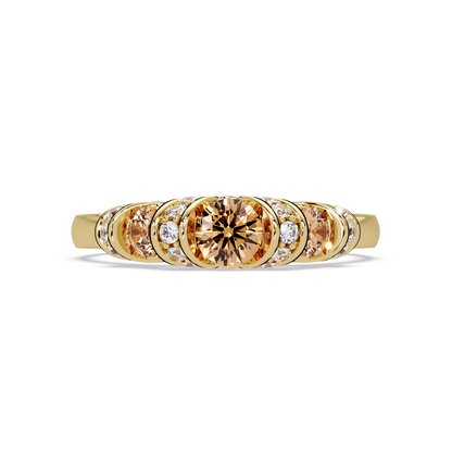 0.5 CTW Round Three-Stone Pavé Colorstone Ring with Champagne Topaz stones in 14K Yellow Gold – Lunéa Paris