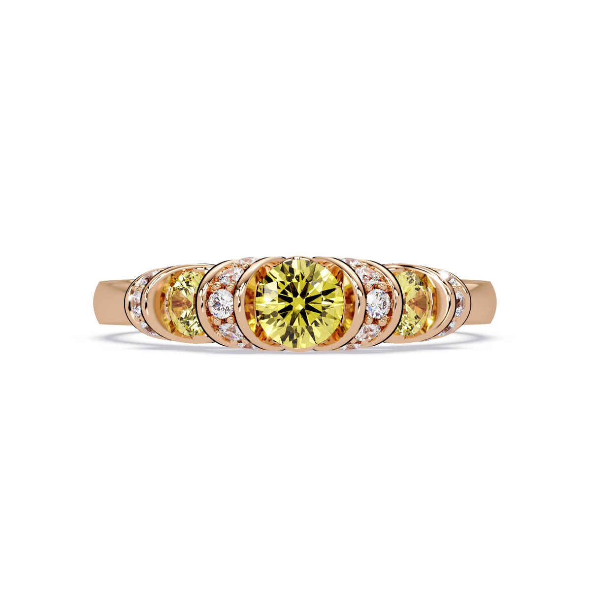 0.5 CTW Round Three-Stone Pavé Colorstone Ring with Citrine Yellow stones in 14K Rose Gold – Lunéa Paris