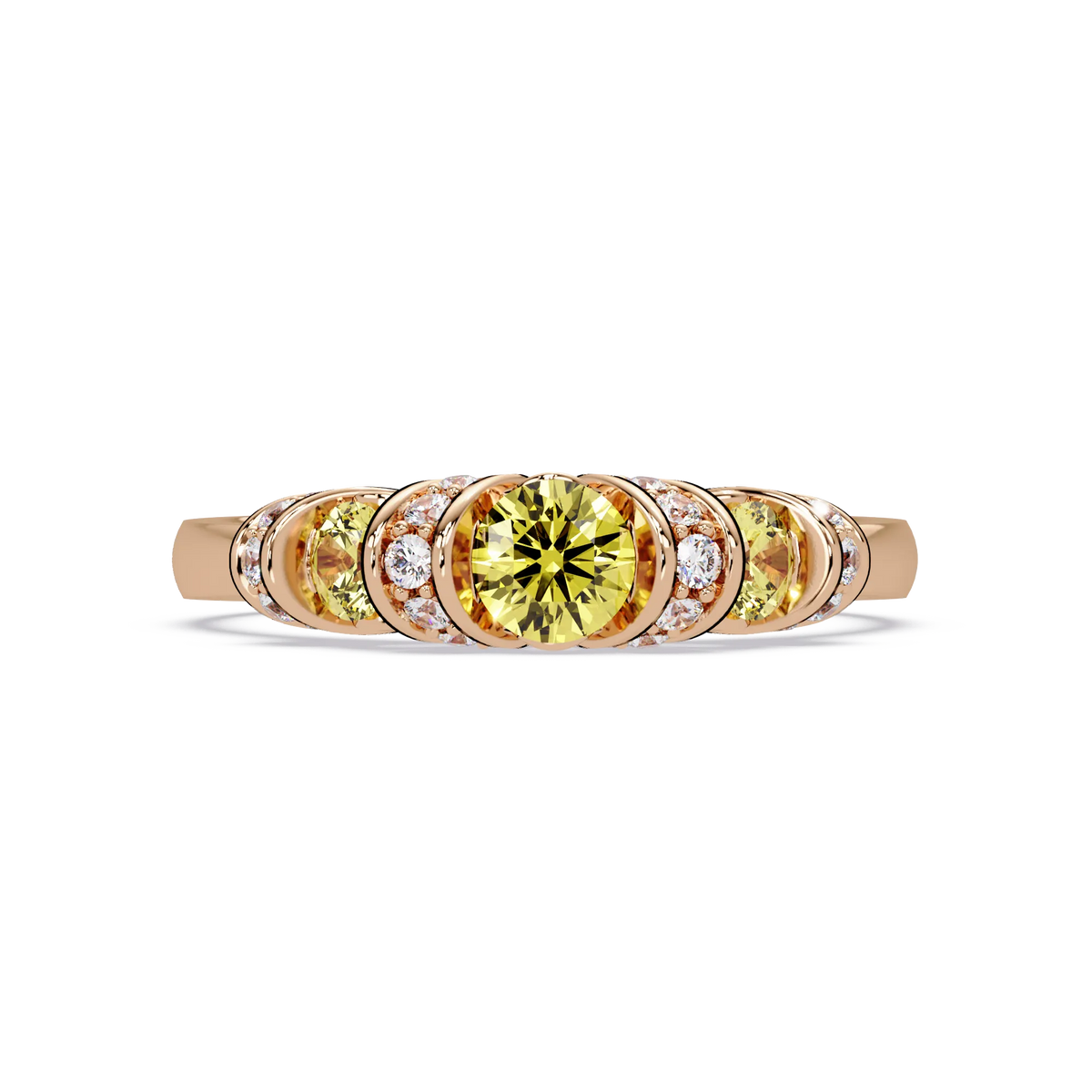 0.5 CTW Round Three-Stone Pavé Colorstone Ring with Citrine Yellow stones in 14K Rose Gold – Lunéa Paris