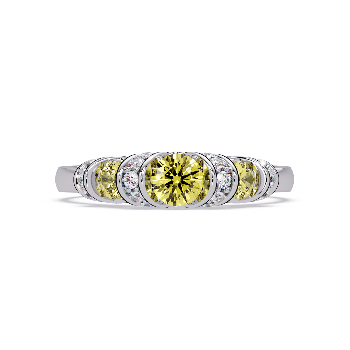 0.5 CTW Round Three-Stone Pavé Colorstone Ring with Citrine Yellow stones in 14K White Gold – Lunéa Paris