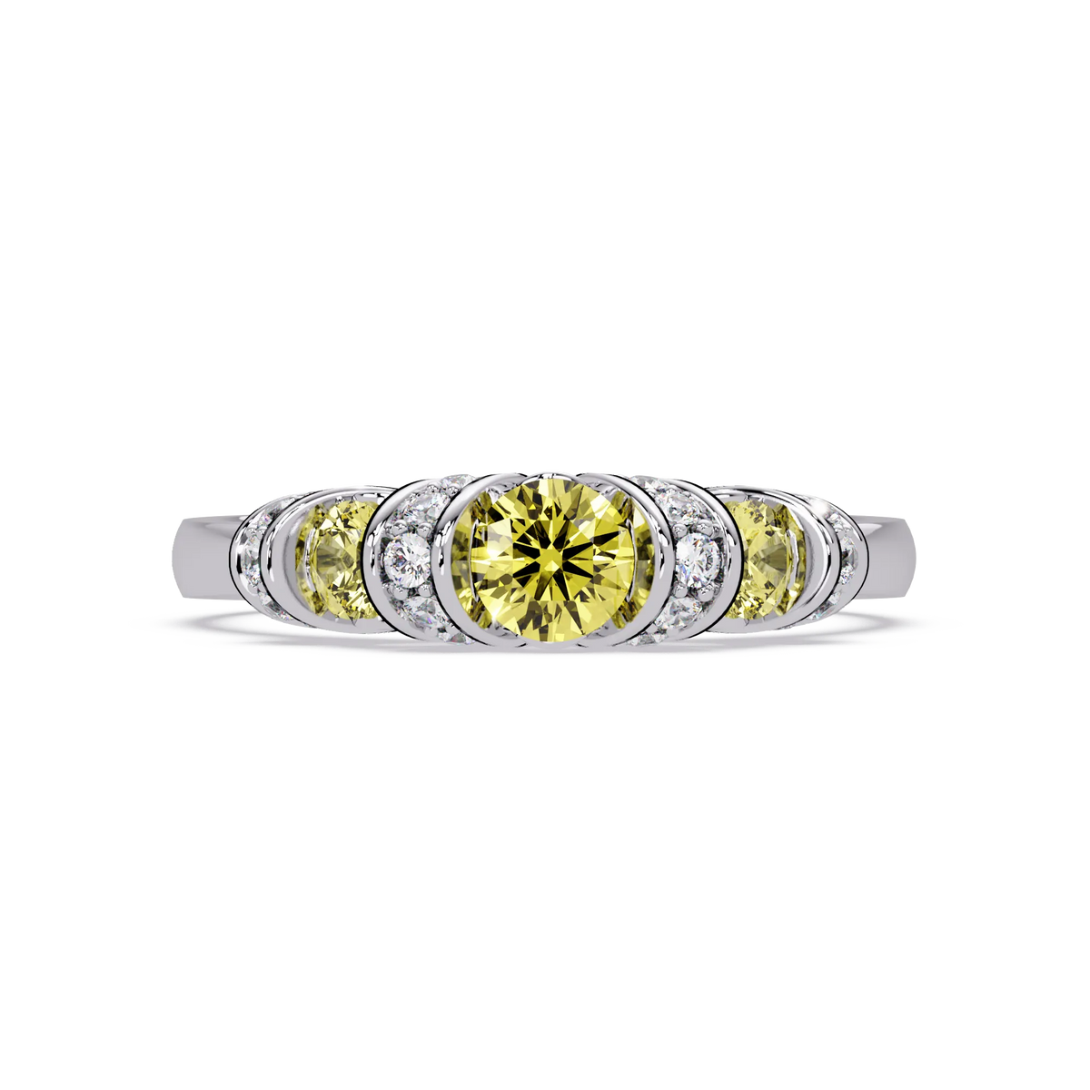 0.5 CTW Round Three-Stone Pavé Colorstone Ring with Citrine Yellow stones in 14K White Gold – Lunéa Paris