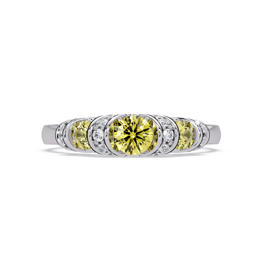 0.5 CTW Round Three-Stone Pavé Colorstone Ring with Citrine Yellow stones in 14K White Gold – Lunéa Paris