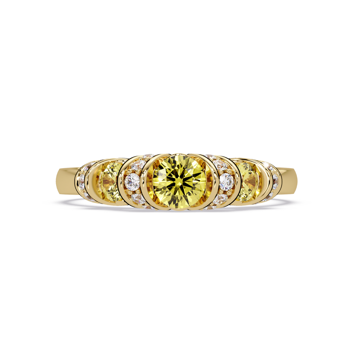 0.5 CTW Round Three-Stone Pavé Colorstone Ring with Citrine Yellow stones in 14K Yellow Gold – Lunéa Paris