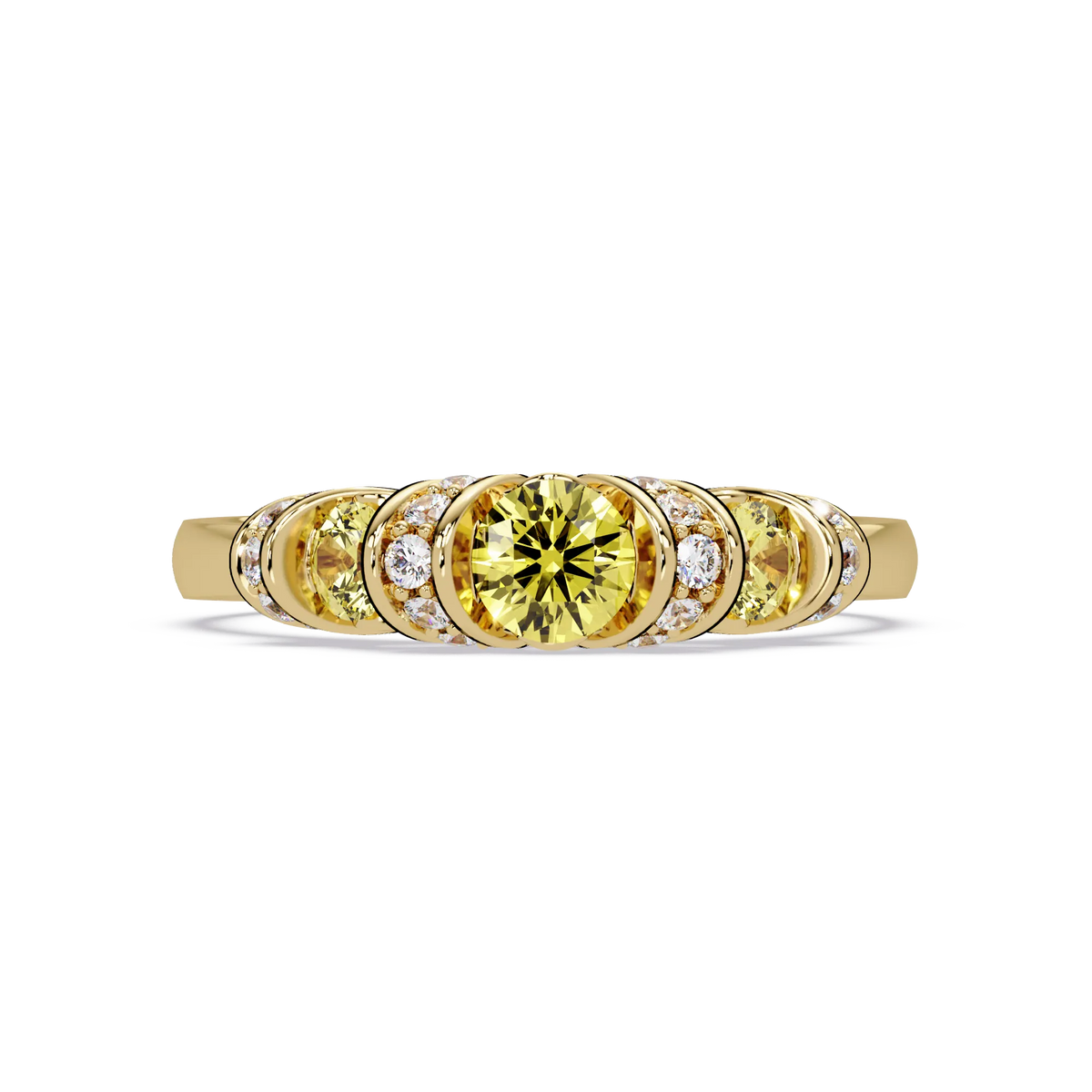 0.5 CTW Round Three-Stone Pavé Colorstone Ring with Citrine Yellow stones in 14K Yellow Gold – Lunéa Paris