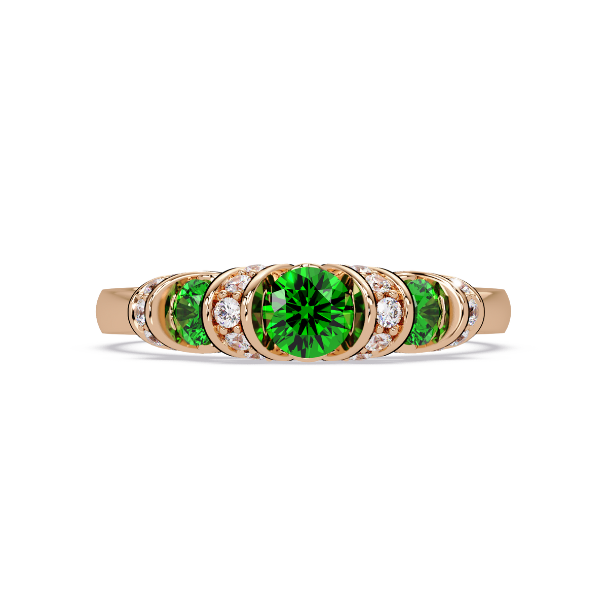0.5 CTW Round Three-Stone Pavé Colorstone Ring with Emerald Green stones in 14K Rose Gold – Lunéa Paris