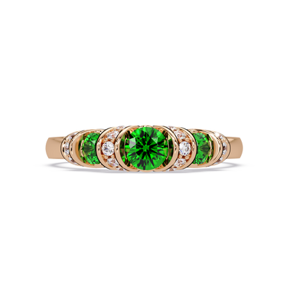 0.5 CTW Round Three-Stone Pavé Colorstone Ring with Emerald Green stones in 14K Rose Gold – Lunéa Paris