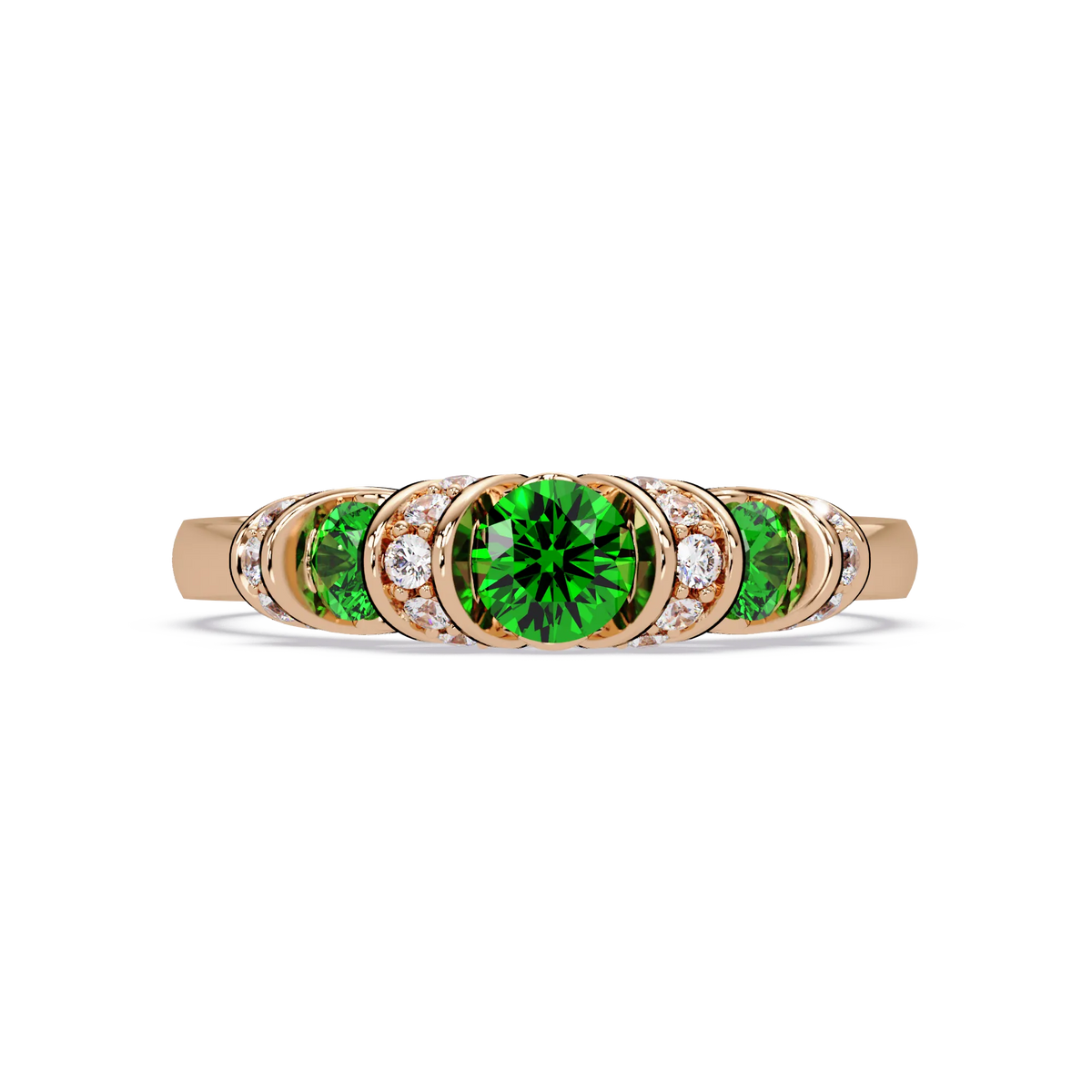 0.5 CTW Round Three-Stone Pavé Colorstone Ring with Emerald Green stones in 14K Rose Gold – Lunéa Paris