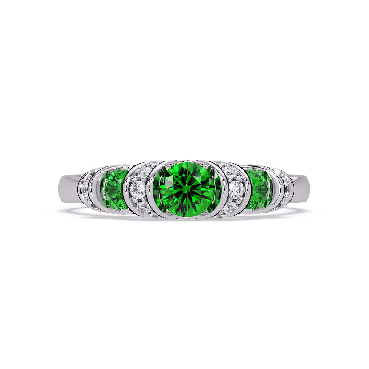 0.5 CTW Round Three-Stone Pavé Colorstone Ring with Emerald Green stones in 14K White Gold – Lunéa Paris