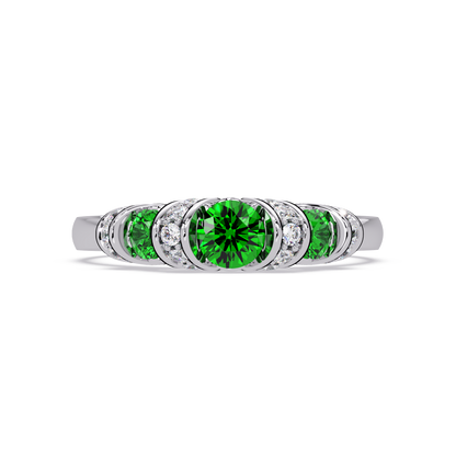 0.5 CTW Round Three-Stone Pavé Colorstone Ring with Emerald Green stones in 14K White Gold – Lunéa Paris