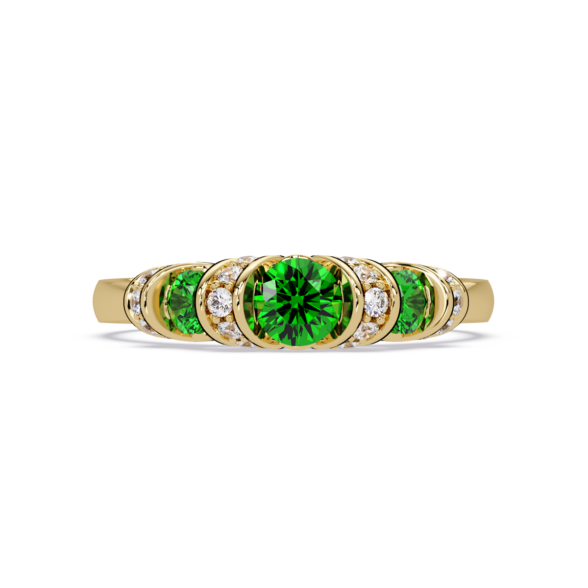 0.5 CTW Round Three-Stone Pavé Colorstone Ring with Emerald Green stones in 14K Yellow Gold – Lunéa Paris