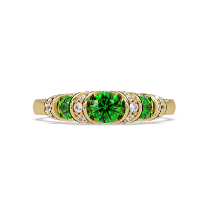 0.5 CTW Round Three-Stone Pavé Colorstone Ring with Emerald Green stones in 14K Yellow Gold – Lunéa Paris