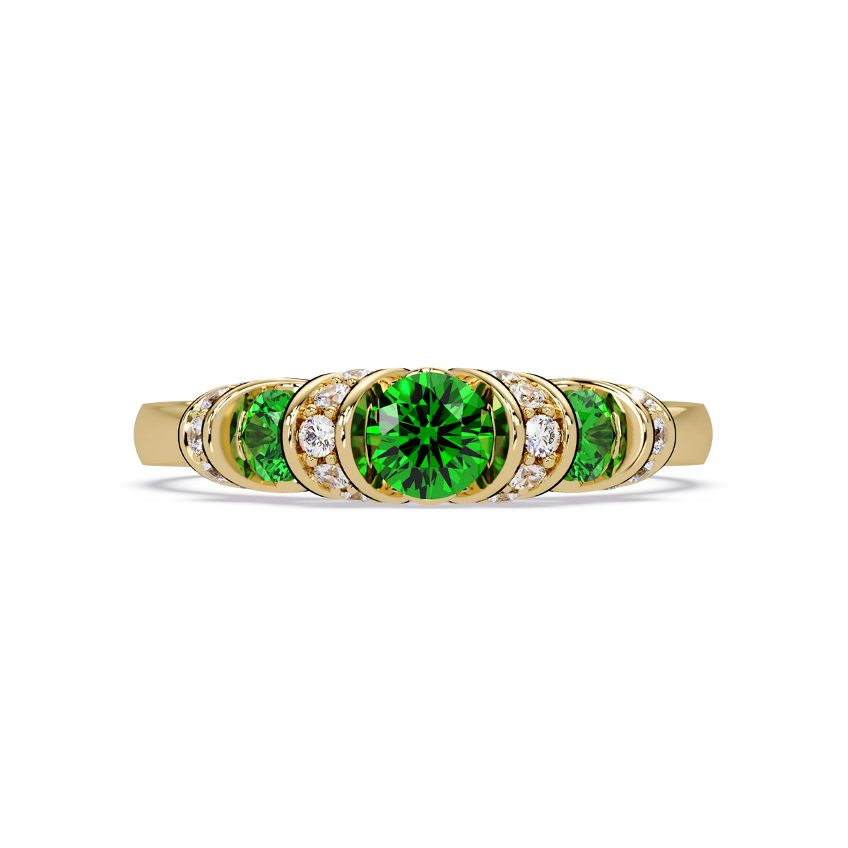 0.5 CTW Round Three-Stone Pavé Colorstone Ring with Emerald Green stones in 14K Yellow Gold – Lunéa Paris