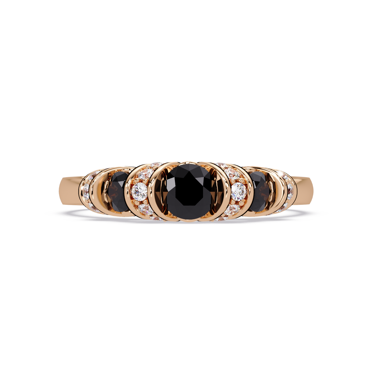 0.5 CTW Round Three-Stone Pavé Colorstone Ring with Onyx stones in 14K Rose Gold – Lunéa Paris