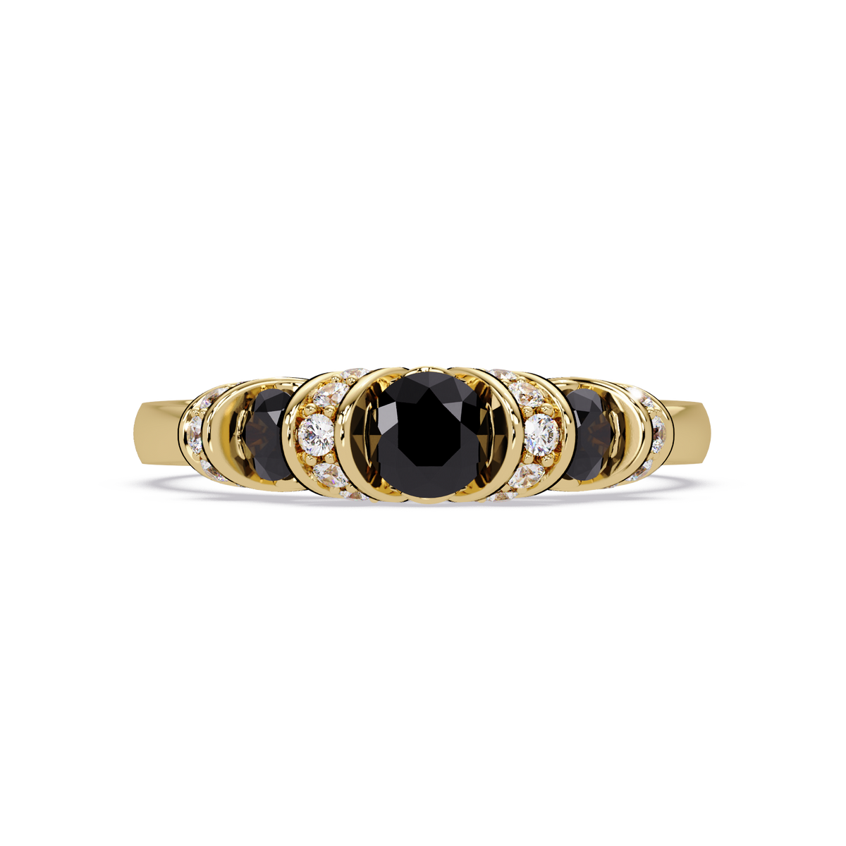 0.5 CTW Round Three-Stone Pavé Colorstone Ring with Onyx stones in 14K Yellow Gold – Lunéa Paris
