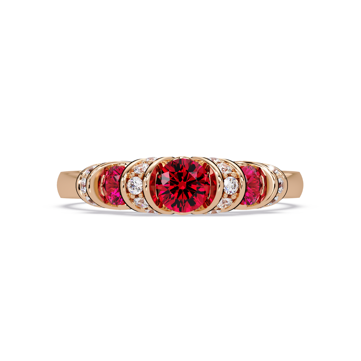 0.5 CTW Round Three-Stone Pavé Colorstone Ring with Ruby Red stones in 14K Rose Gold – Lunéa Paris