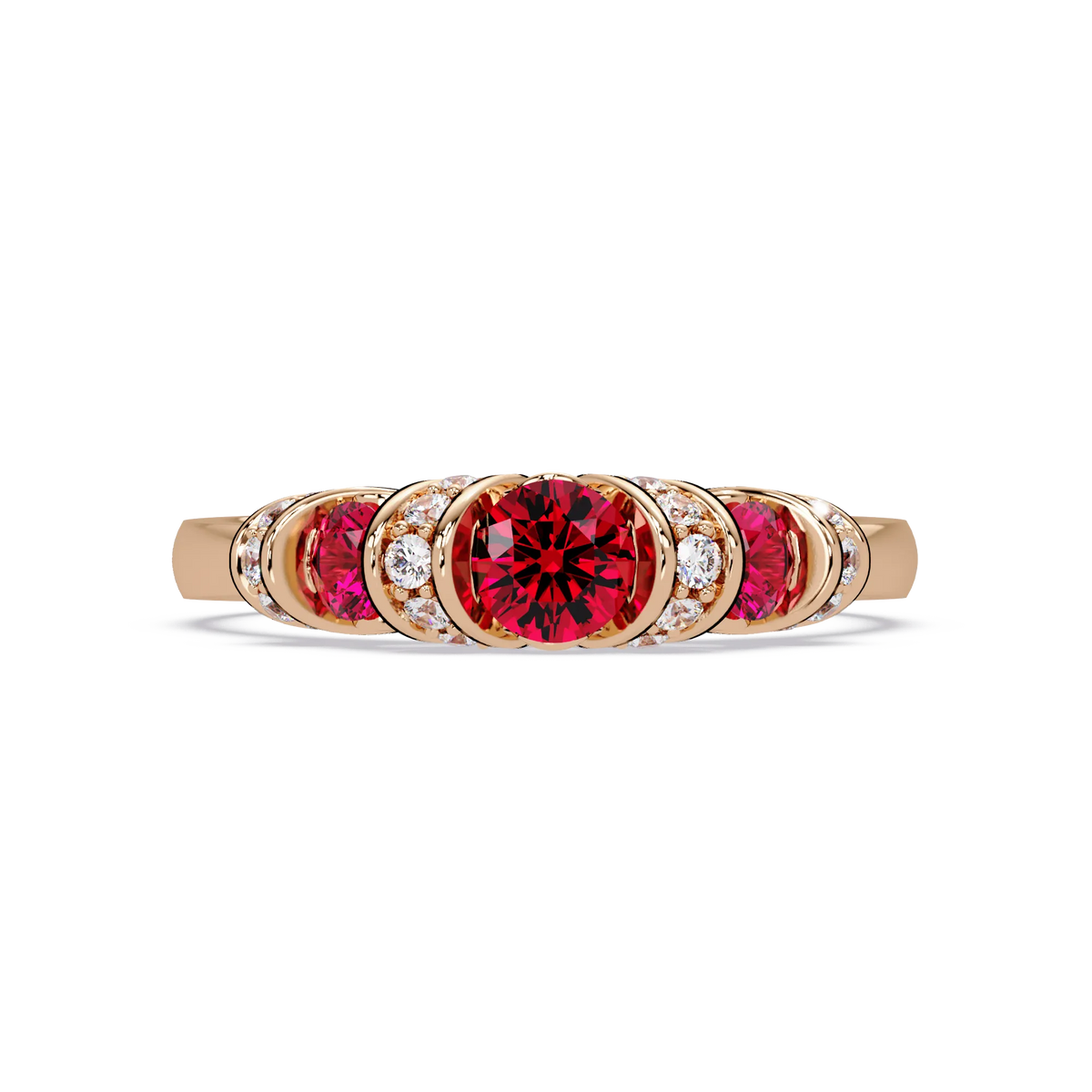 0.5 CTW Round Three-Stone Pavé Colorstone Ring with Ruby Red stones in 14K Rose Gold – Lunéa Paris